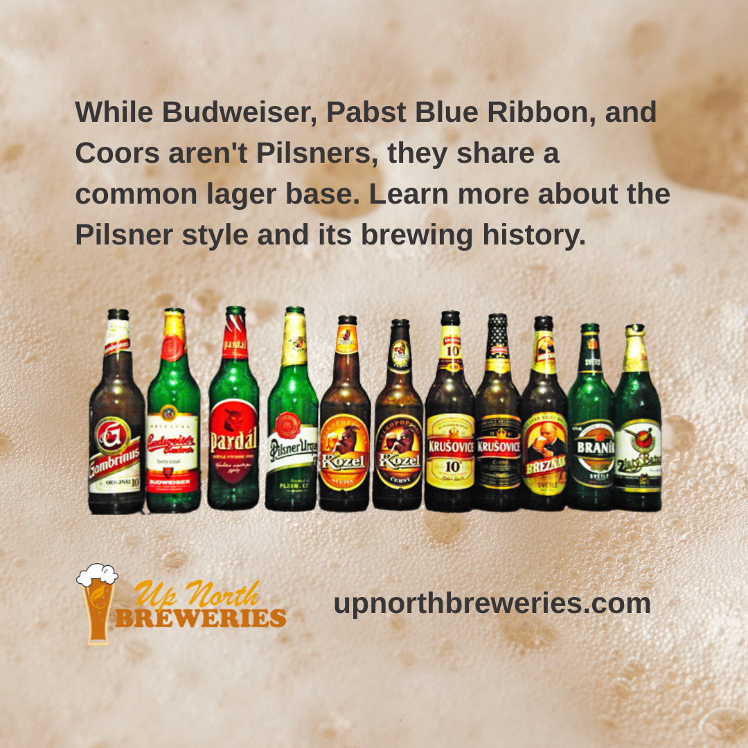 The Pilsner Style. Image includes various beer bottles and Up North Breweries Logo and URL: upnorthbreweries.com and this content: While Budweiser, Pabst Blue Ribbon, and Coors aren't Pilsners, they share a common lager base. Learn more about the Pilsner style and its brewing history.
